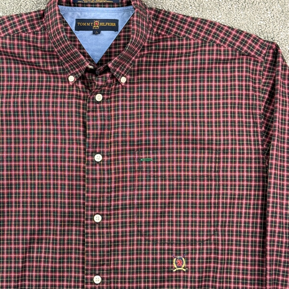 Vintage 90s Tommy Hilfiger Golf Shirt Mens L Red Plaid Cotton Mauritius